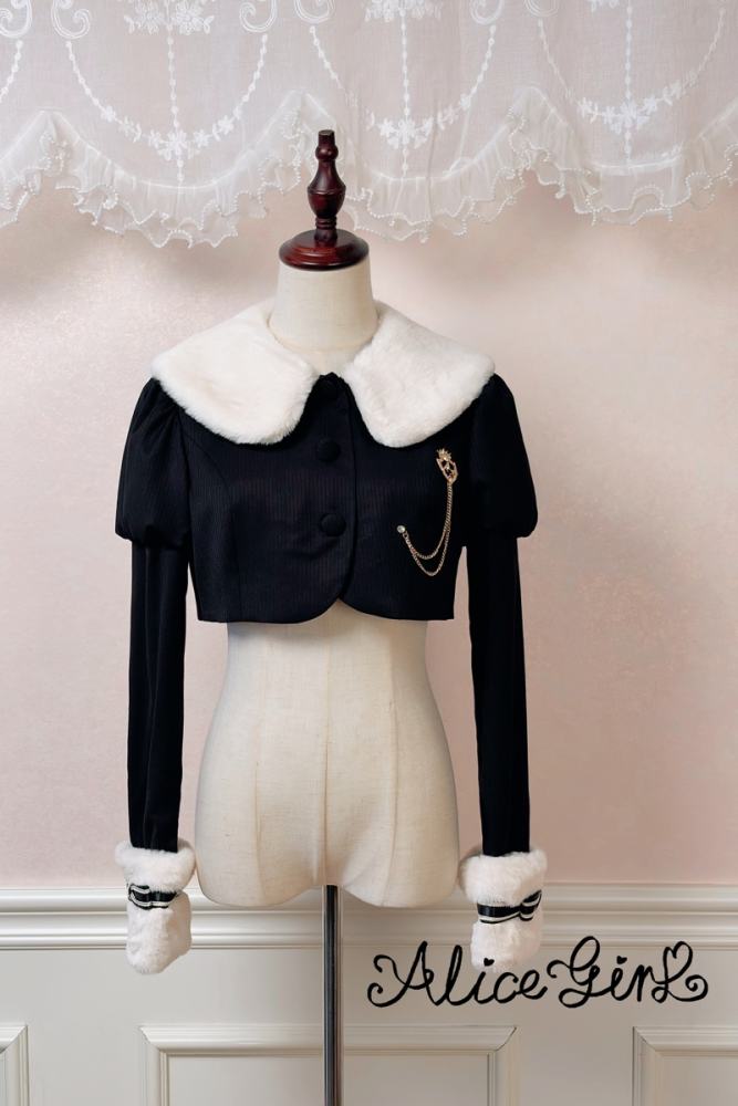 Official Alice Girl ～Honor Guard Celebration～ Military Academy Short Coat in Black with white faux-fur trim and puff sleeves for Lolita JSK layering - my-lolita-dress.com
