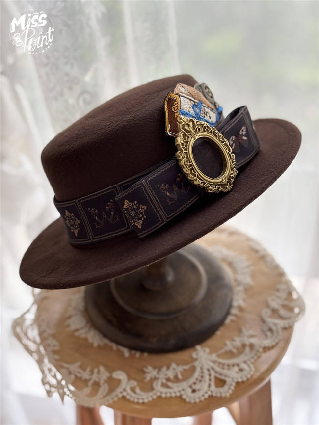 Official Miss Point ～German Bookshelf～ Classic Lolita Brown Steampunk Hat with Gears Prints