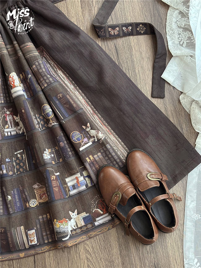 Skirt Part of Official Miss Point ～German Bookshelf～ Steampunk Lolita JSK Dress with bookshelf prints - www.my-lolita-dress.com