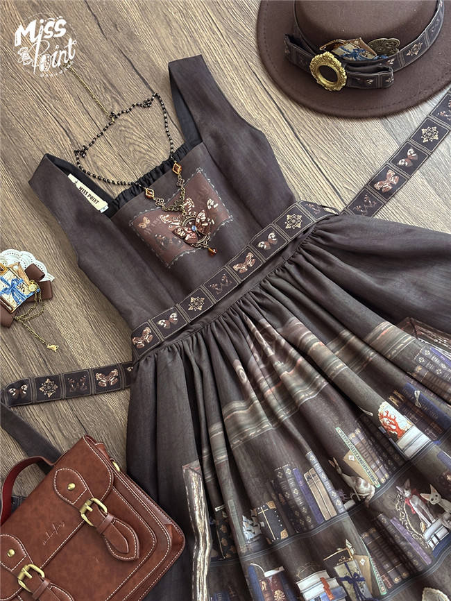Flat lay of Official Miss Point ～German Bookshelf～ Classic Lolita JSK Dress with bookshelf prints - www.my-lolita-dress.com