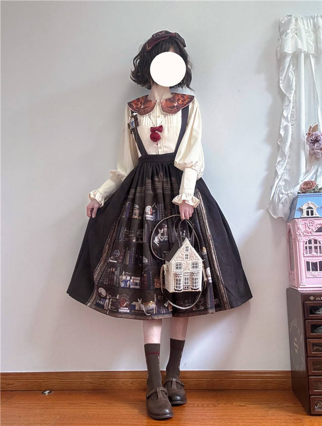 Official Miss Point ～German Bookshelf～ Classic Lolita Skirt featuring vintage library print - my-lolita-dress.com