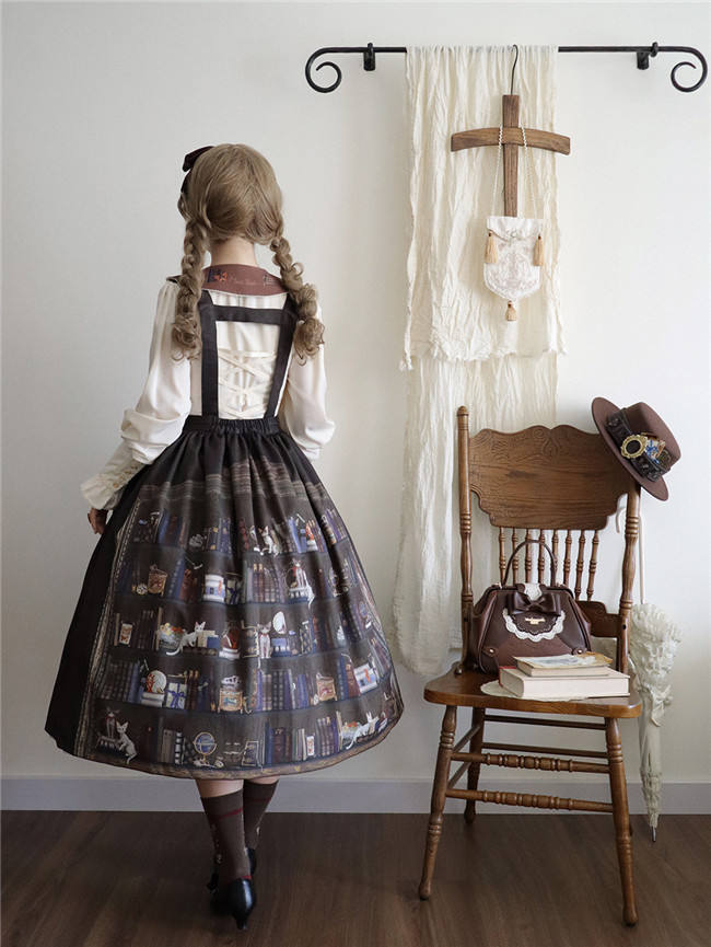 Official Miss Point ～German Bookshelf～ Classic Lolita Skirt featuring vintage library print - my-lolita-dress.com