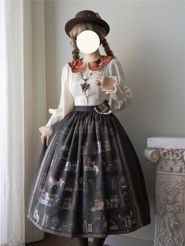 Official Miss Point ～German Bookshelf～ Classic Lolita Skirt featuring vintage library print - my-lolita-dress.com