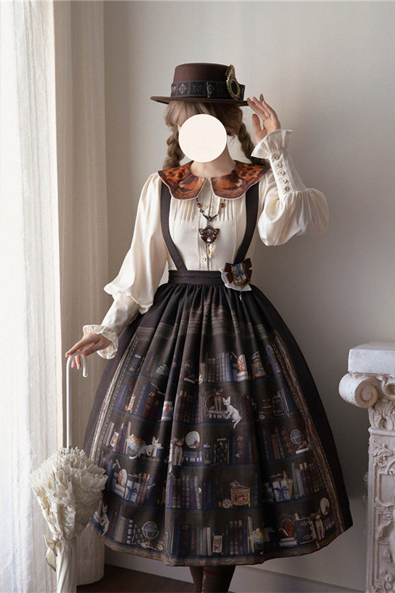 Official Miss Point ～German Bookshelf～ Classic Lolita Skirt featuring vintage library print - my-lolita-dress.com