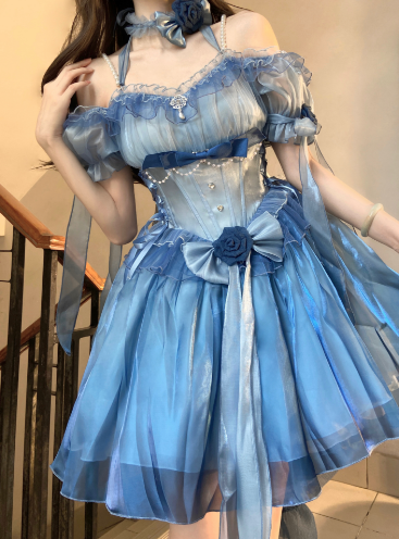 Meowing and Fruity Blue Flower Wedding Dress Classic Lolita Dress Short Version
