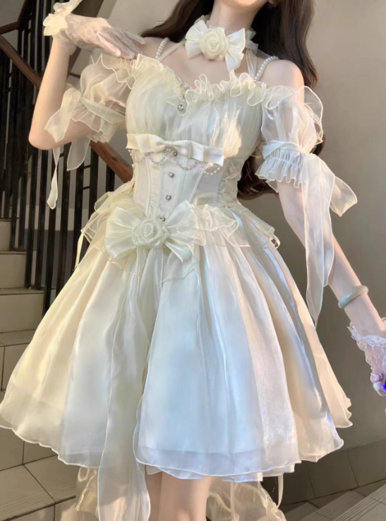 Meowing and Fruity Blue Flower Wedding Dress Classic Lolita Dress Short Version