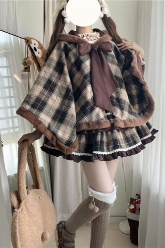 Caramel Cocoa Classic Plaid Lolita Cape, Dress and Accessories