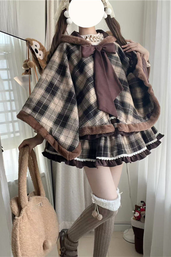 Caramel Cocoa Classic Plaid Lolita Cape, Dress and Accessories