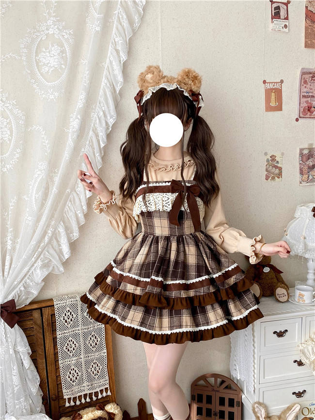 Caramel Cocoa Classic Plaid Lolita Cape, Dress and Accessories