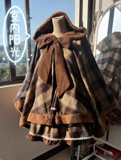 Caramel Cocoa Classic Plaid Lolita Cape, Dress and Accessories