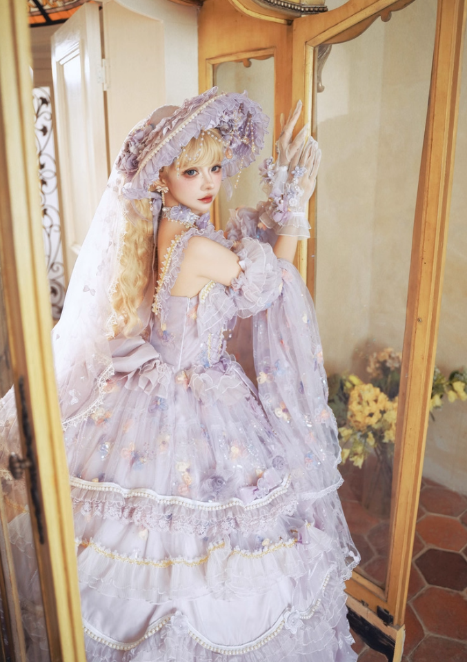 Official Cat Fairy Runaway Princess Qi Lolita JSK in Lavender with butterfly embroidery and tiered lace ruffles - my-lolita-dress.com