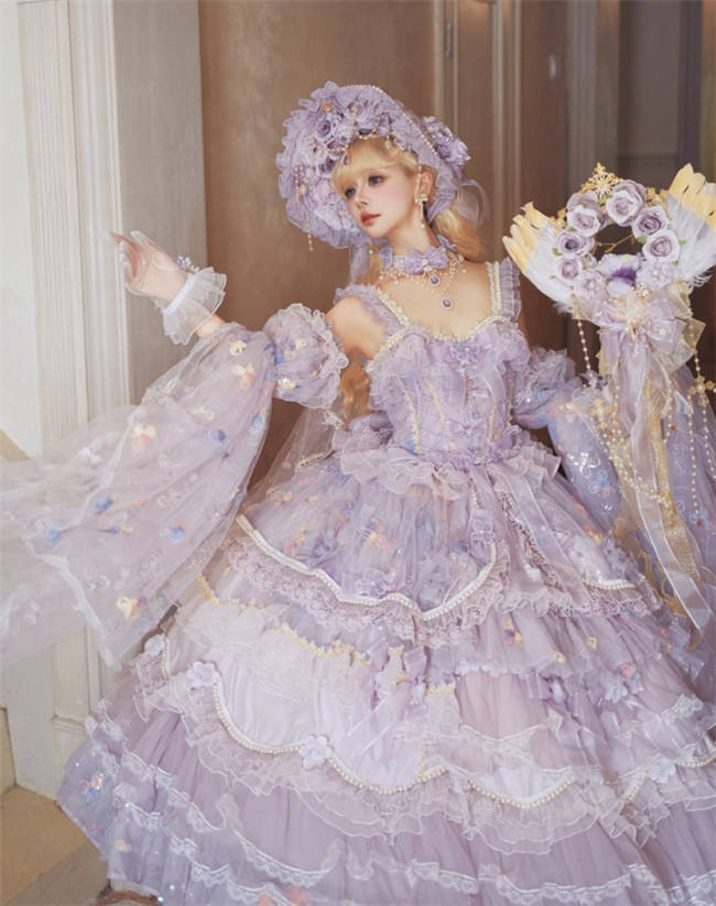 Official Cat Fairy Runaway Princess Qi Lolita JSK in Lavender featuring exquisite butterfly embroidery and tiered lace ruffles - my-lolita-dress.com