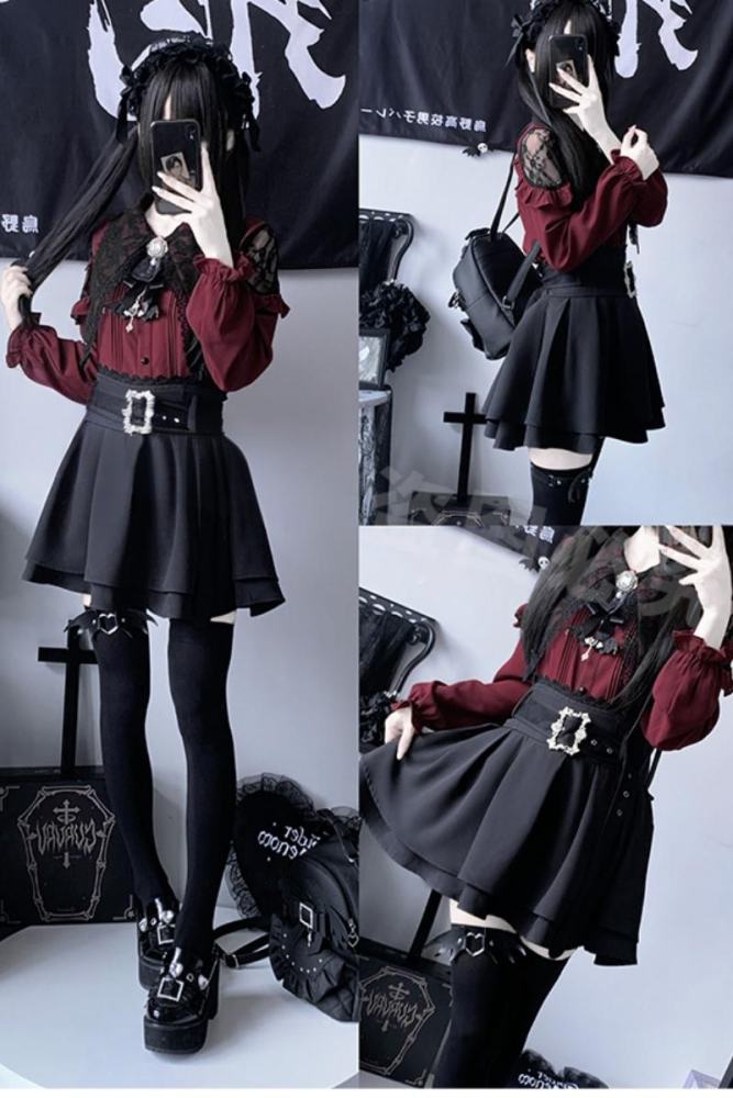 Angel Share Hollowed Blouse Kuro Skirt Set Jirai Kei Clothes