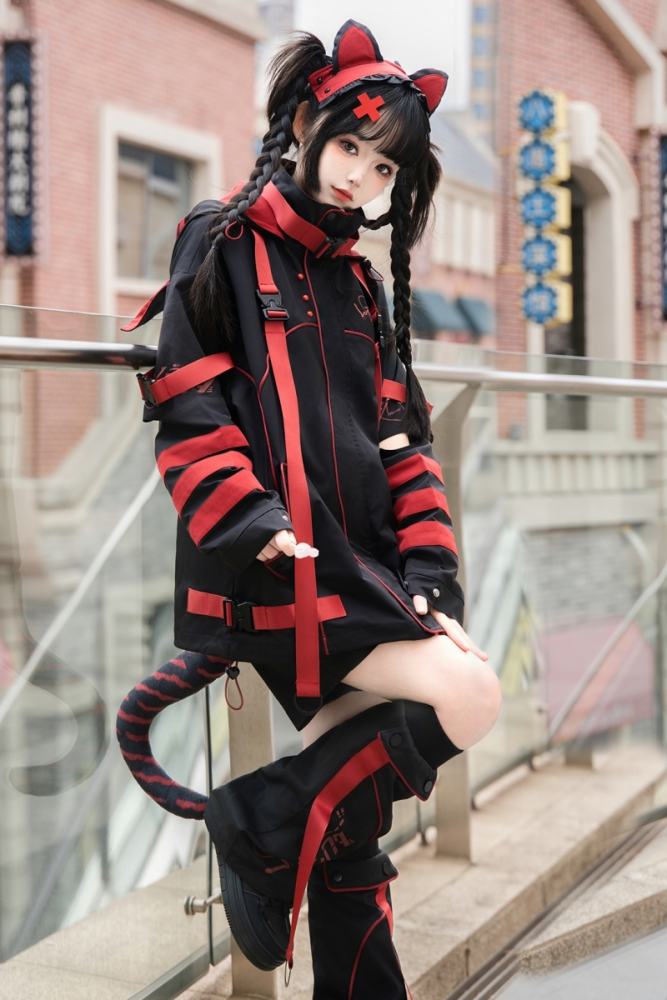 Genu Pavilion Machinery Cyberpunk Black Set Jirai Kei Clothing