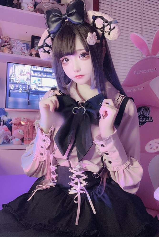 Angel Share Lacework Blouse Black Skirt Set Jirai Kei Fashion