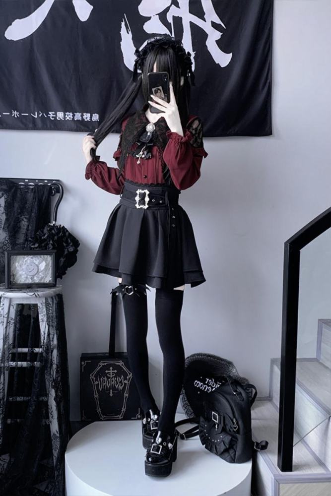 Angel Share Hollowed Blouse Kuro Skirt Set Jirai Kei Clothes