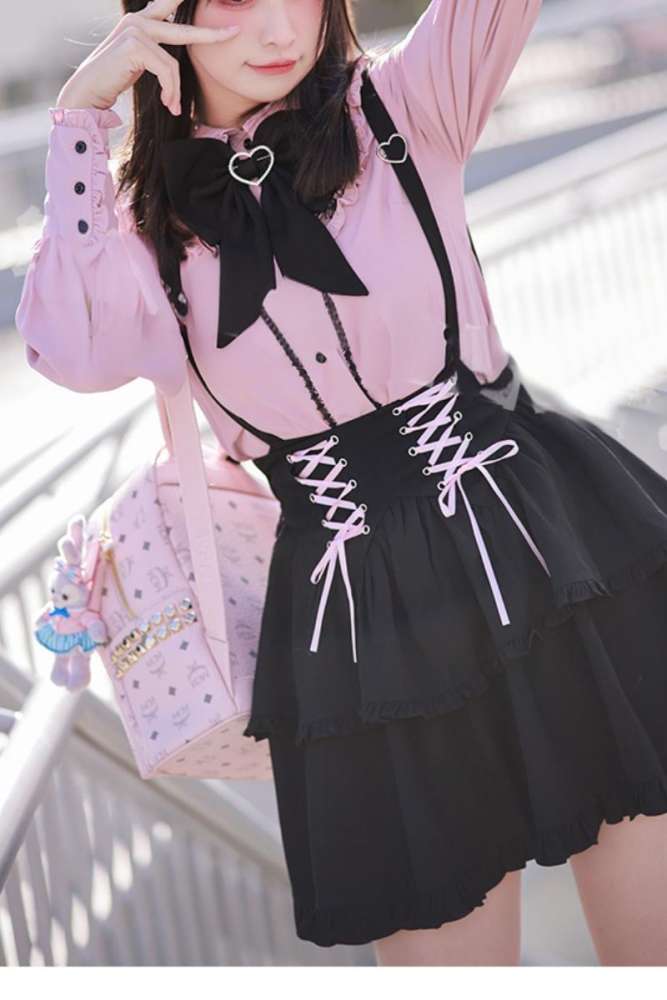Angel Share Lacework Blouse Black Skirt Set Jirai Kei Fashion