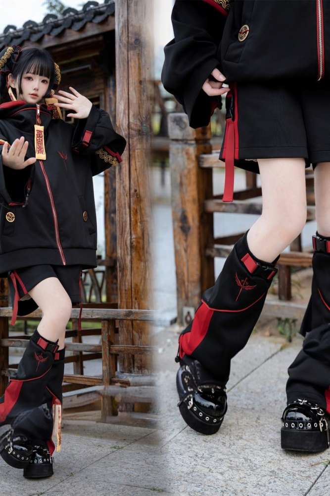 Genu Pavilion Machinery Cyberpunk Black Set Jirai Kei Clothing