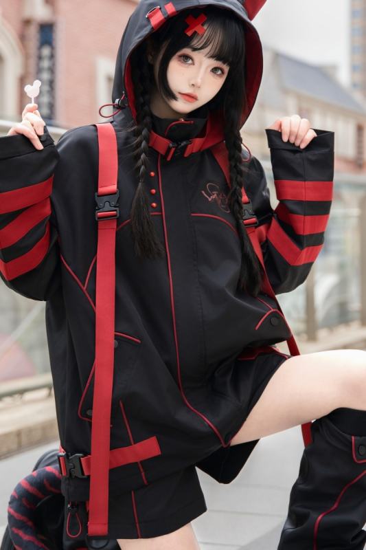 Genu Pavilion Machinery Cyberpunk Black Set Jirai Kei Clothing