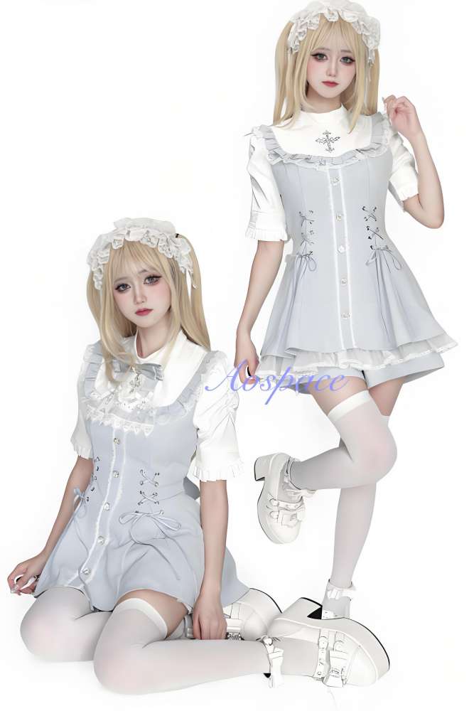 AO Space Snowfall Time Short Sleeve Blue Set Jirai Kei Clothes