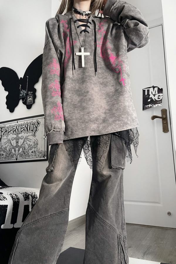 Tricuspid C Dark Chain Subculture Grey Hoodie Jirai Kei Clothing