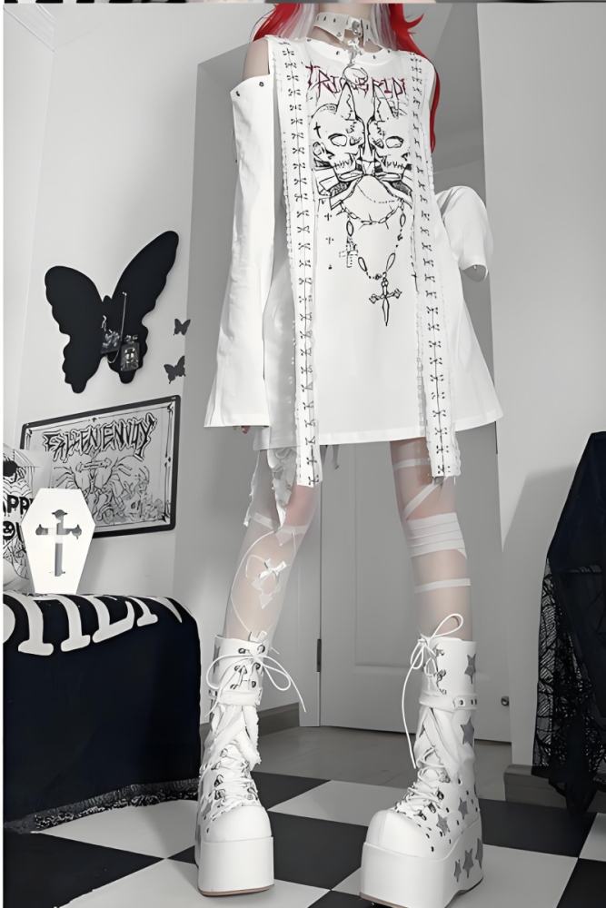 Tricuspid C Sleepwalking Off Shoulder Printed Top Jirai Kei Clothes