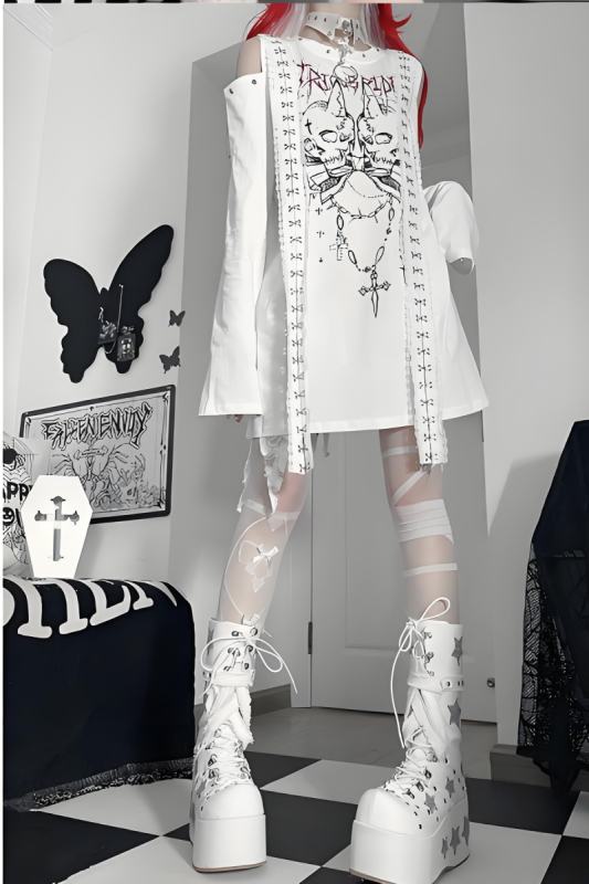 Tricuspid C Sleepwalking Off Shoulder Printed Top Jirai Kei Clothes