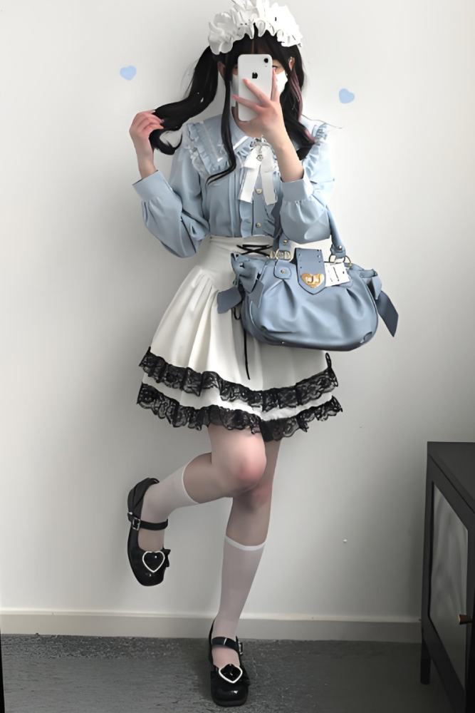 Kitty Bxllet Ruffled Kuro Long Sleeve Blouse Jirai Kei Fashion