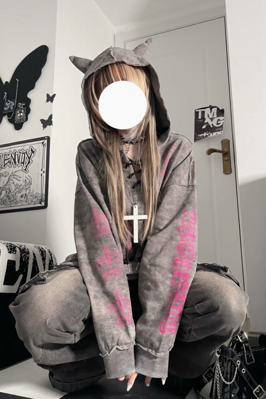 Tricuspid C Dark Chain Subculture Grey Hoodie Jirai Kei Clothing