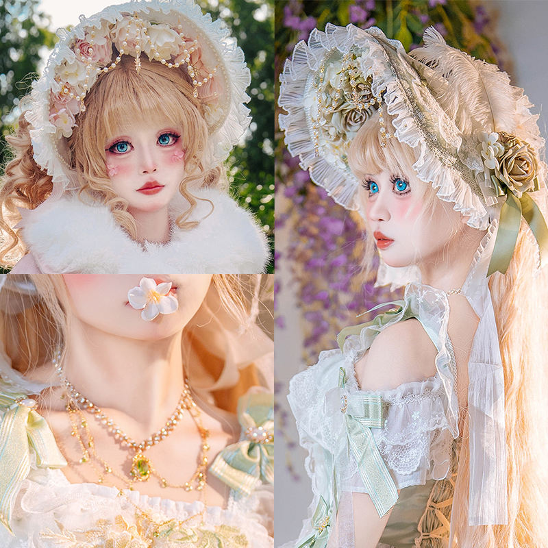 Cat Fairy Glass Phantom Green Plus Size Lolita Bonnet and Choker