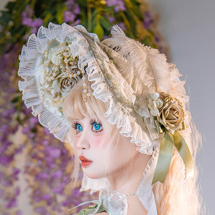 Cat Fairy Glass Phantom Green Plus Size Lolita Bonnet and Choker