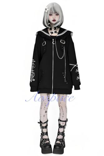 AO Space Sailor Collar Prints Black Overcoat Jirai Kei Clothes