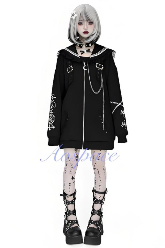 AO Space Sailor Collar Prints Black Overcoat Jirai Kei Clothes