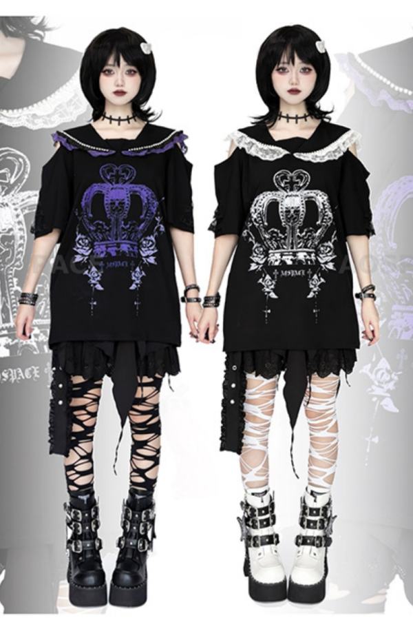 AO Space Sailor Collar Off Shoulder T Shirt Jirai Kei Fashion