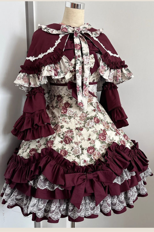 Burgundy Roses Old School Floral Lolita Dress, Cape, Blouse and Accessories