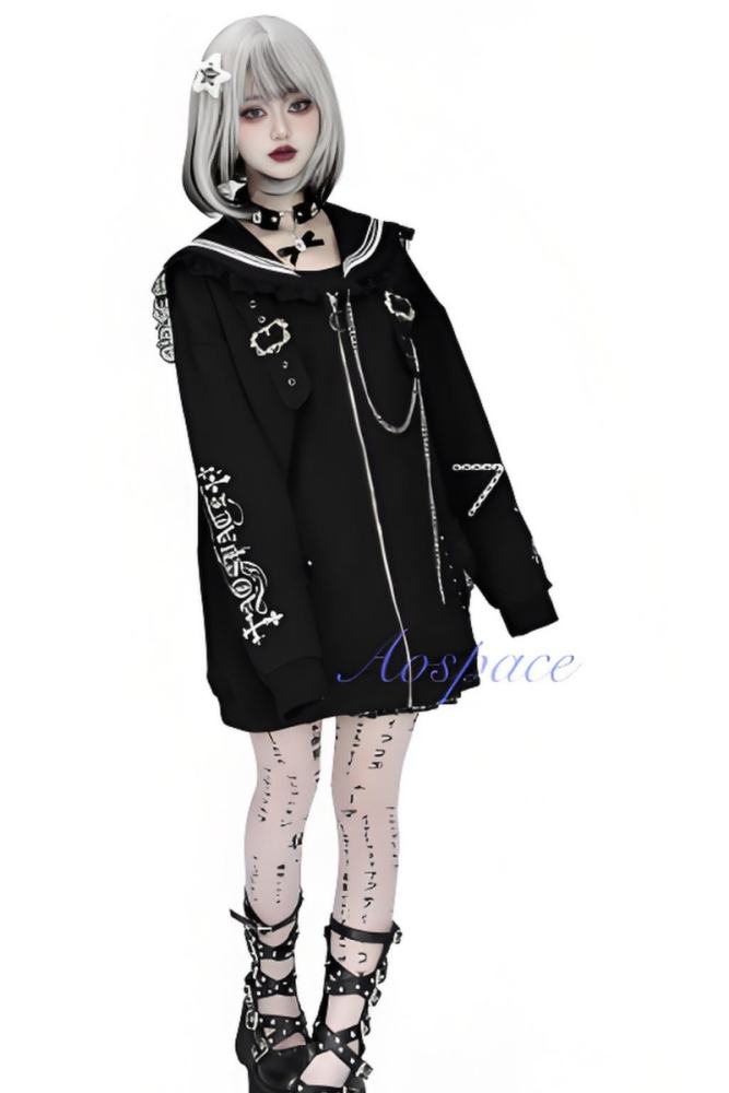 AO Space Sailor Collar Prints Black Overcoat Jirai Kei Clothes