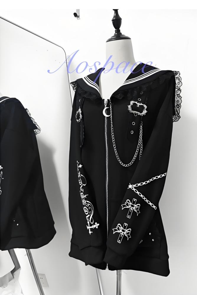 AO Space Sailor Collar Prints Black Overcoat Jirai Kei Clothes