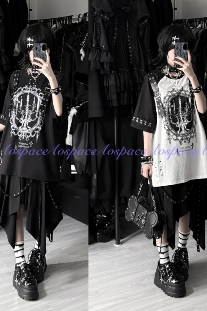 AO Space Candle Night Printed Short Sleeve T Shirt Jirai Kei Clothing