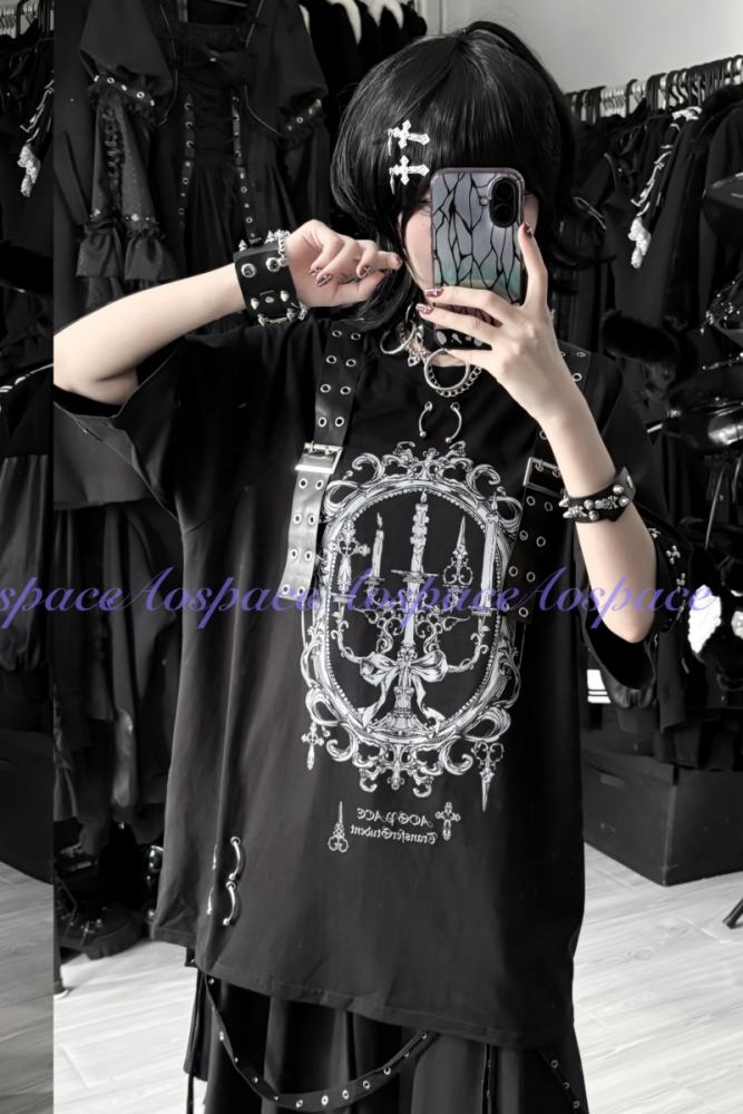 AO Space Candle Night Printed Short Sleeve T Shirt Jirai Kei Clothing