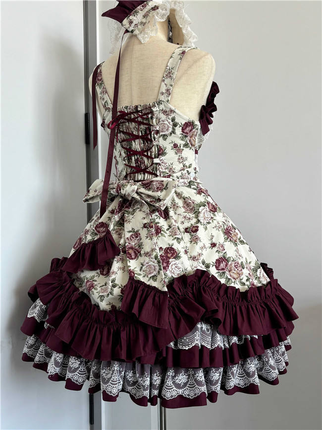 Burgundy Roses Old School Floral Lolita Dress, Cape, Blouse and Accessories