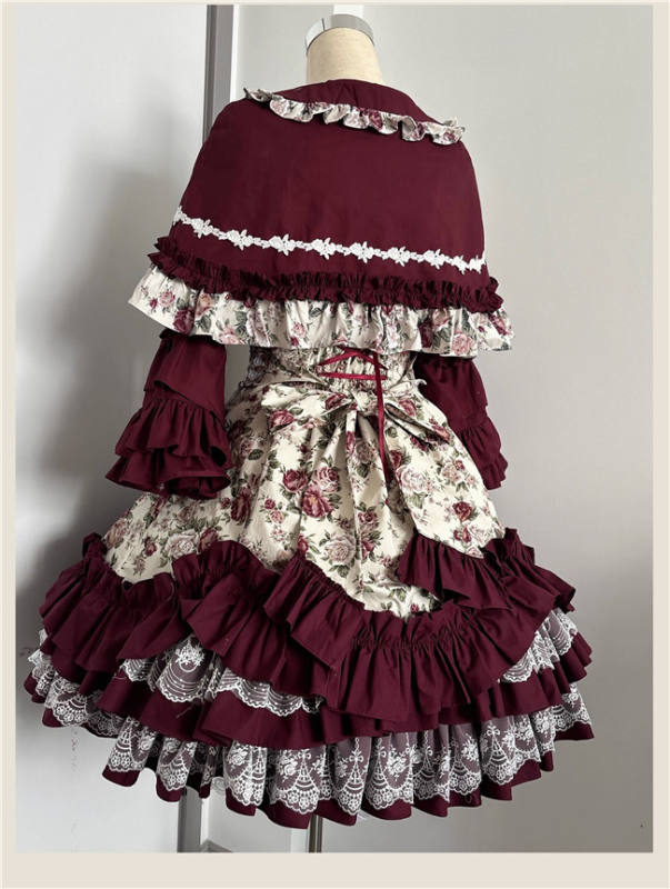 Burgundy Roses Old School Floral Lolita Dress, Cape, Blouse and Accessories