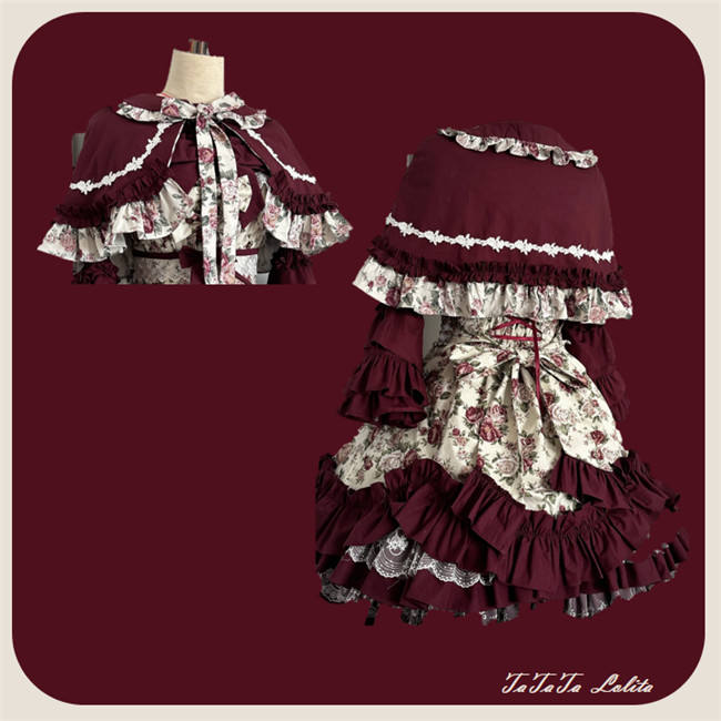 Burgundy Roses Old School Floral Lolita Dress, Cape, Blouse and Accessories