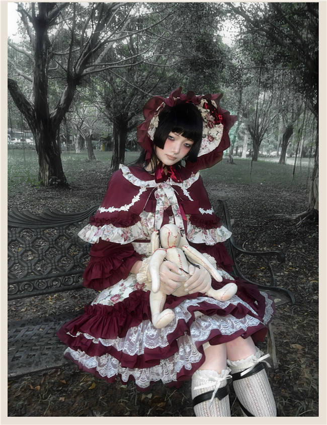 Burgundy Roses Old School Floral Lolita Dress, Cape, Blouse and Accessories