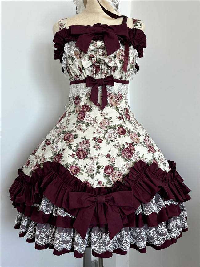 Burgundy Roses Old School Floral Lolita Dress, Cape, Blouse and Accessories