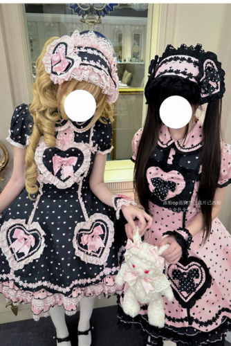 Meng Fu Zi Polka Dots Classic Cotton lolita Dress Black Pink OP In Stock