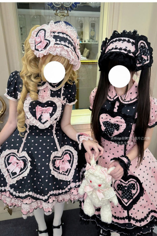 Meng Fu Zi Polka Dots Classic Cotton lolita Dress Black Pink OP In Stock