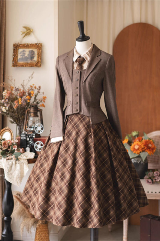 Forest Wardrobe Forest Beat Retro Plaid Lolita Salopette, Blouse and Coat