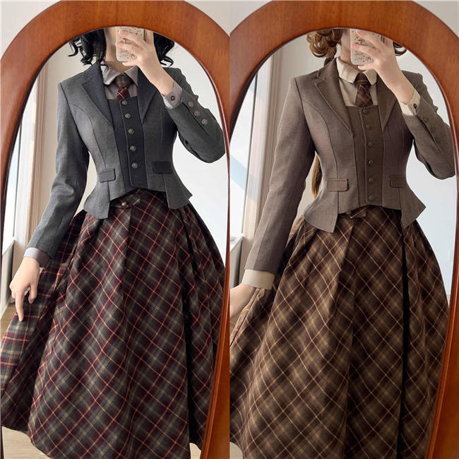 Forest Wardrobe Forest Beat Retro Plaid Lolita Salopette, Blouse and Coat