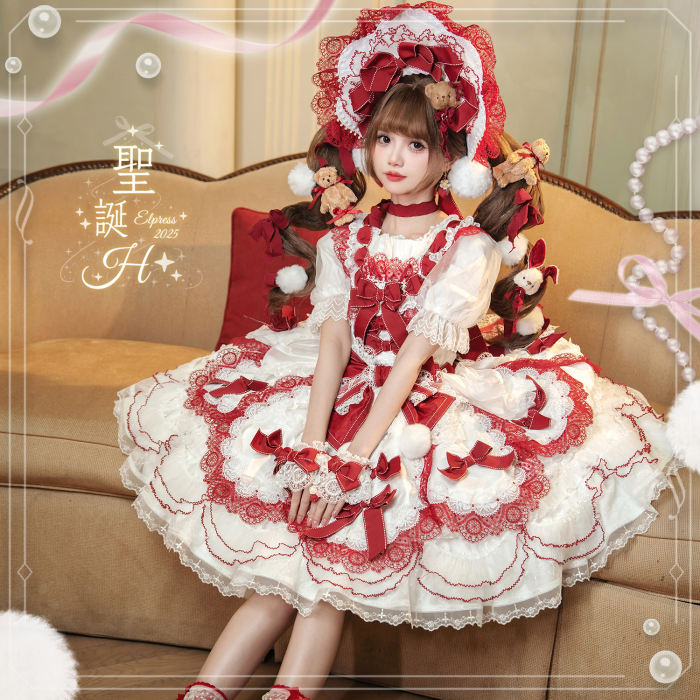 Elpress L Christmas H Hime Lolita Dress, Bonnet and Wristcuffs