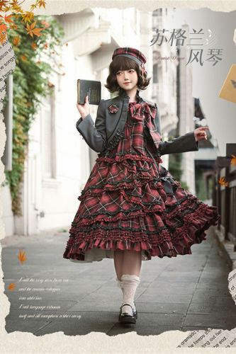 Honey Machine Scottish Organ Classic Plaid Lolita Dress, Coat and Accessories